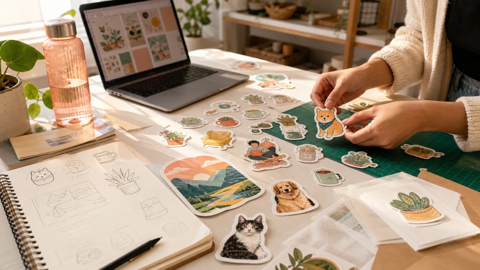 Hands arranging original custom stickers at a bright creative worktable