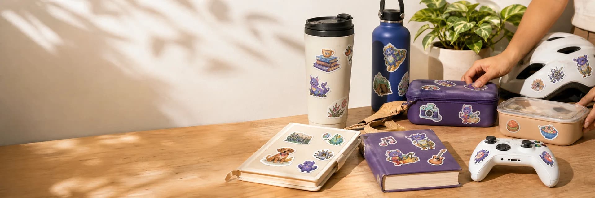 Lifestyle stickers on bottles, books, helmet, controller, and creative gear