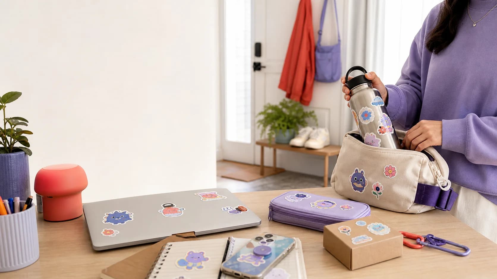 Stickers used on a laptop, water bottle, phone, notebook, case, and package