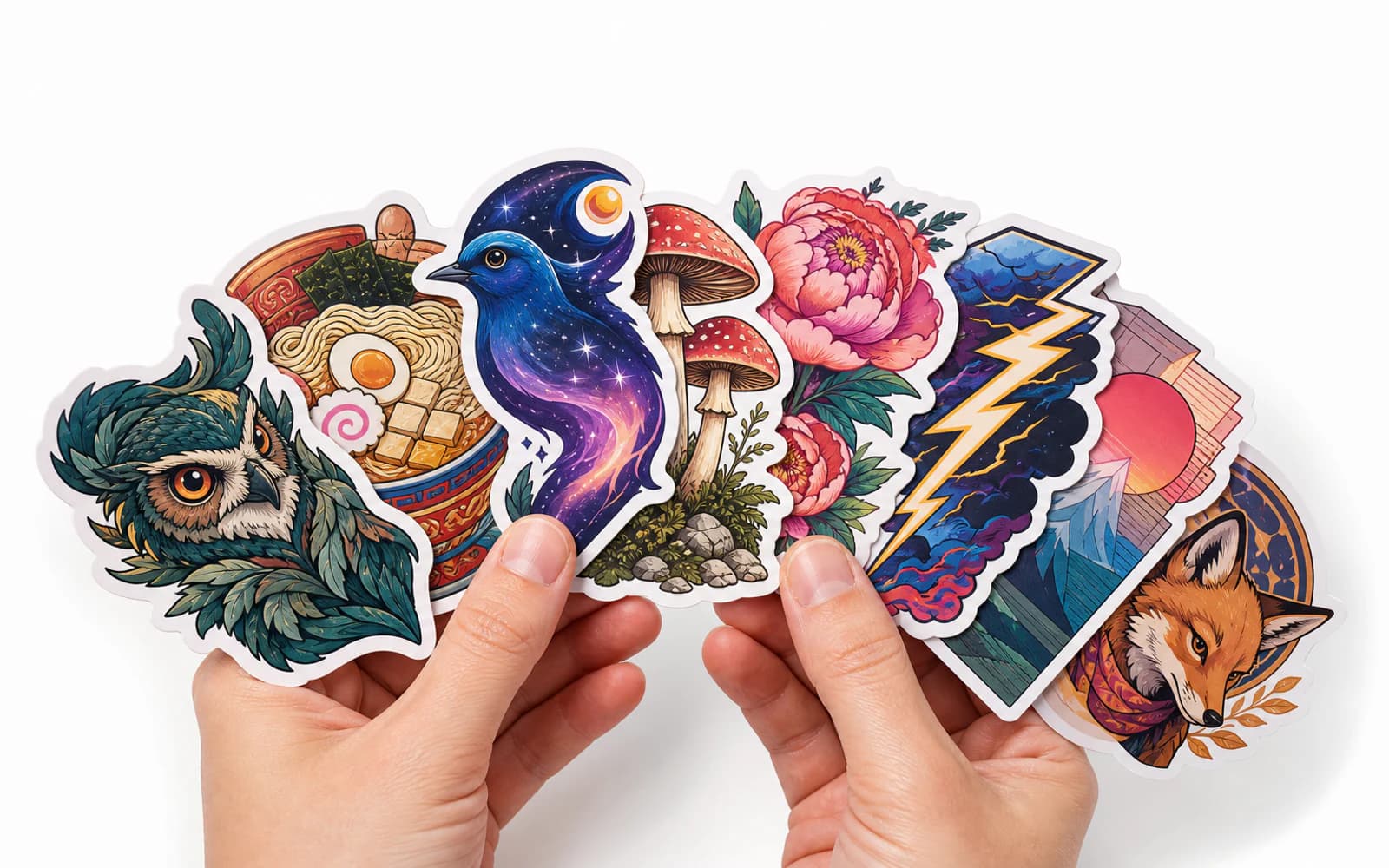 Hands presenting an assortment of original die-cut vinyl stickers